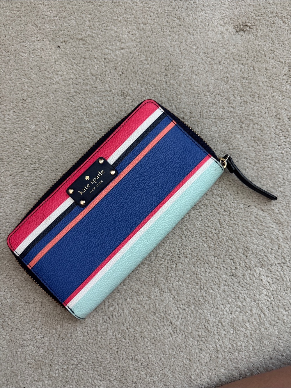kate spade colorblock zip-around wallet in navy, pink & mint